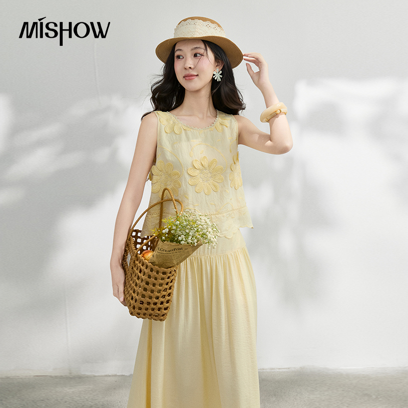 Midi Skirt Floral - MISHOW 프랑스 꽃 자수 블라우스 솔리드