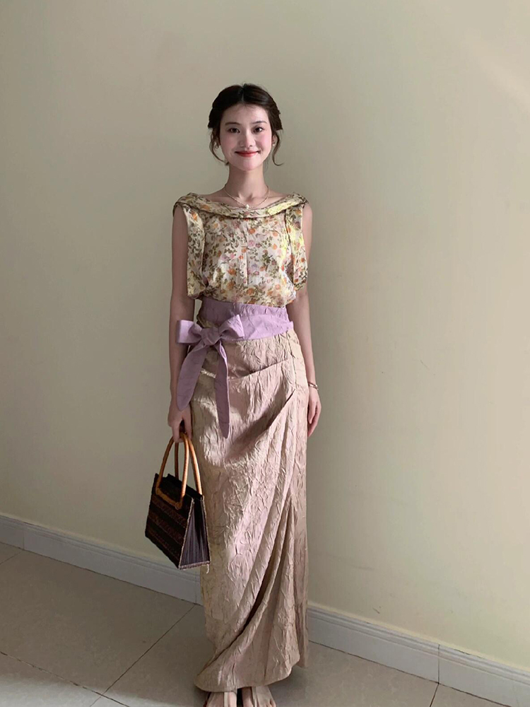 Midi Skirt Floral - XZY 빈티지 플로럴 슬리브리스 탑과 스커트