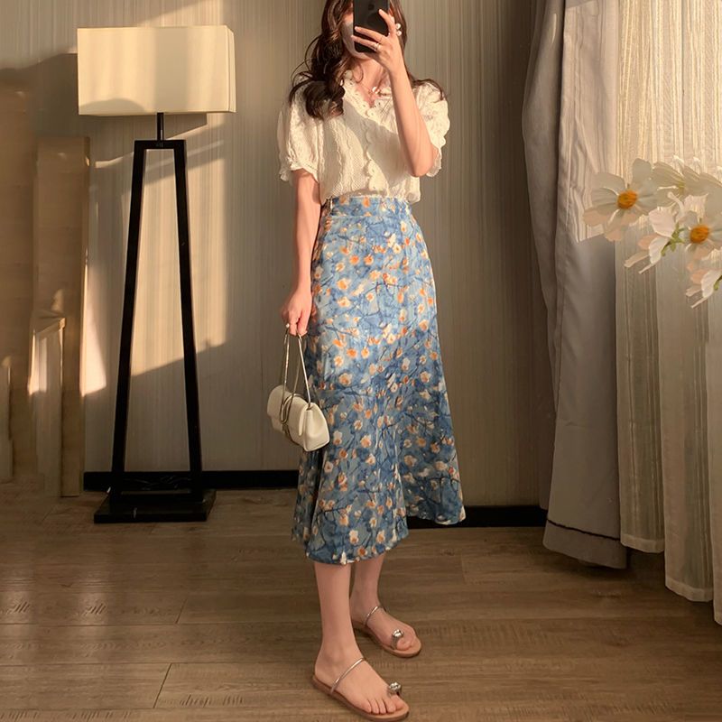 Midi Skirt Floral - 여성 여름 투피스 세트 레이스 탑과
