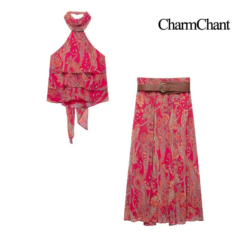 Midi Skirt Floral - CHARMCHANT 여성용 페이즐리 프린트 홀터넥 러플