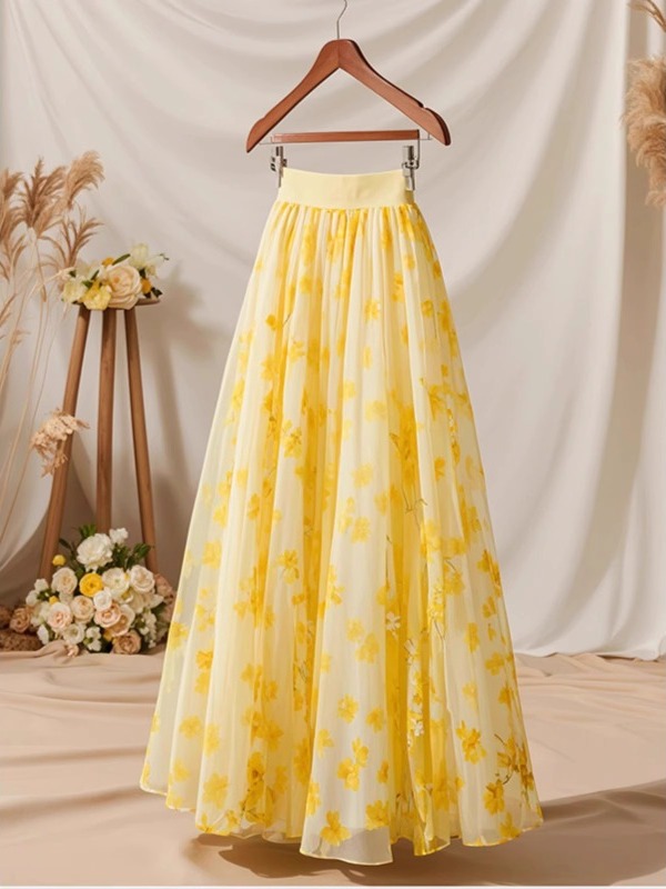 Midi Skirt Floral - 2026년 여름 하이웨이스트 옐로우 A라인 스커트