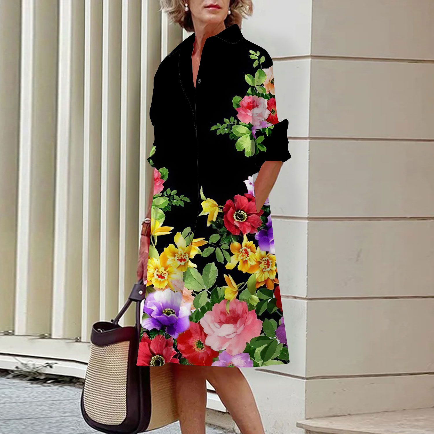 Midi Skirt Floral - 우아한 여성 꽃무늬 셔츠 드레스, 캐주얼