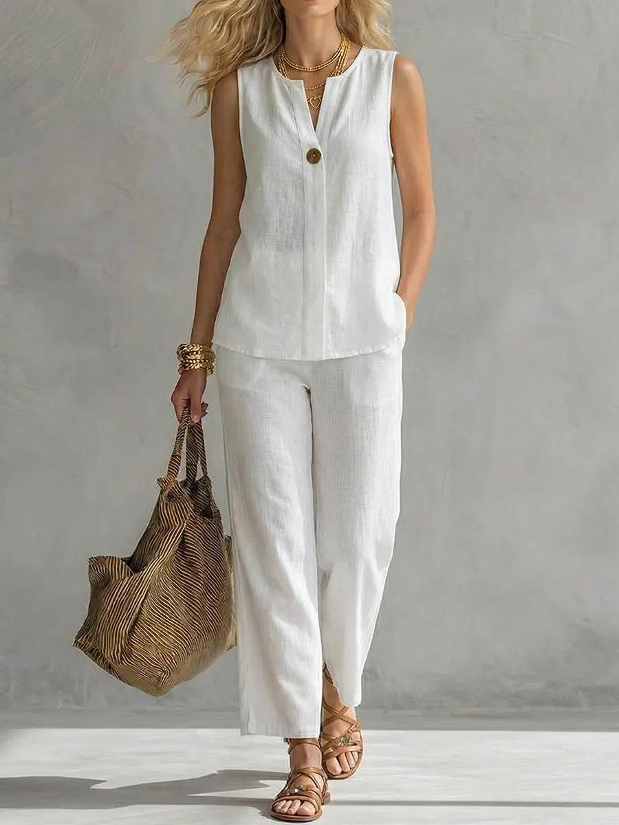 Linen Pant Wide - 싱글 버튼 슬리브리스 리넨 2피스 세트,