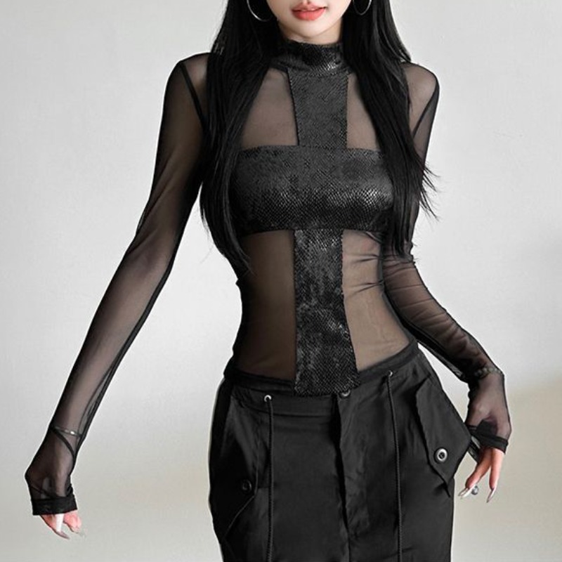 Blouse Off Shoulder - 아메리칸 스타일 메쉬 긴팔 바디수트 티셔츠