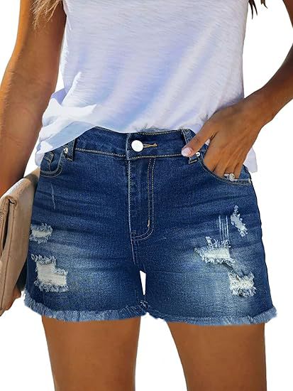 Shorts Denim Frayed - 캐주얼 빈티지 데님 반바지 하이웨이스트 립드