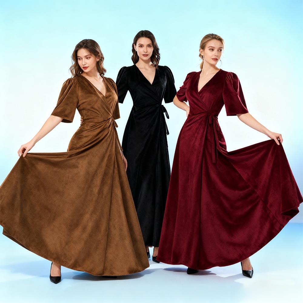 Linen Dress Wrap - 여성용 롱 V넥 랩 슬림 솔리드