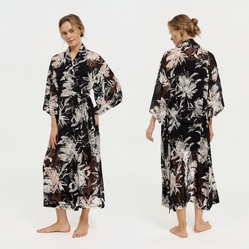 Kimono Sheer Floral - 여성용 블랙 화이트 잉크 플로럴 시스루