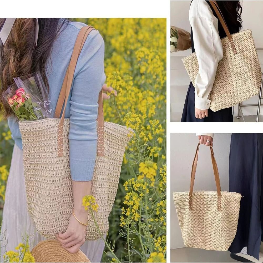 패션 솔리드 컬러 위빙 스트로 토트백 사각 지퍼 비치  - Tote Bag Beach 리뷰 및 가격