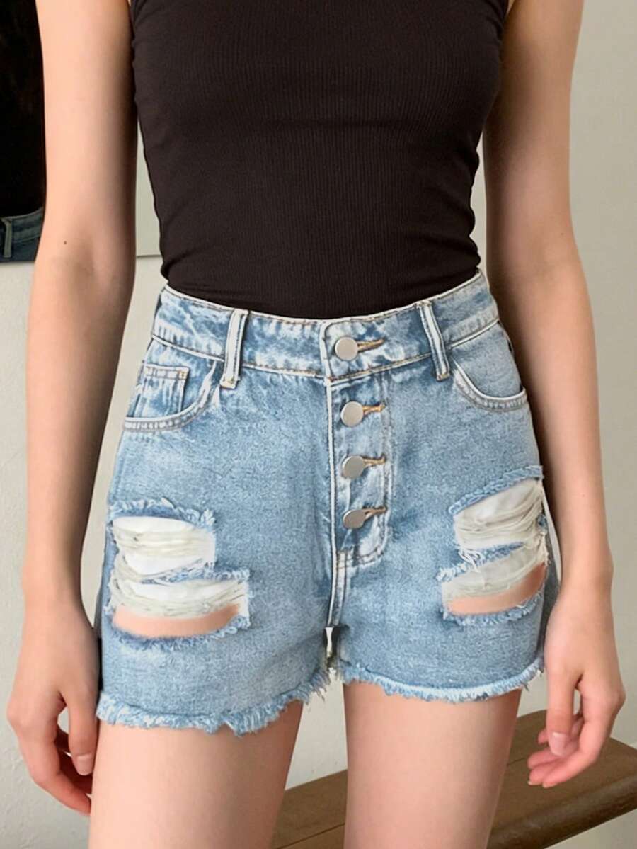 여성용 미드라이즈 디스트레스드 프레이드 데님 반바지 ( - Shorts Denim Frayed 리뷰 및 가격