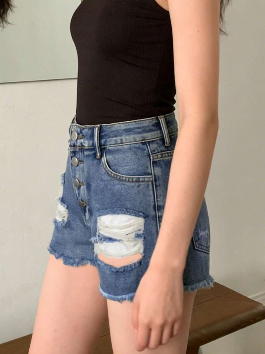 여성용 미드라이즈 디스트레스드 프레이드 데님 반바지 ( - Shorts Denim Frayed 리뷰 및 가격