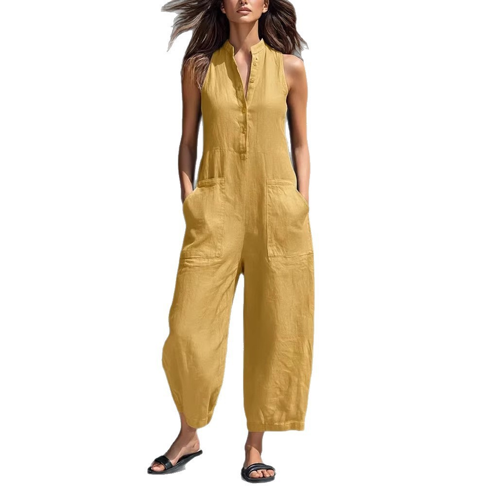 여성용 민소매 만다린 칼라 루즈핏 솔리드 컬러 리넨 코 - Jumpsuit Linen Relaxed 리뷰 및 가격