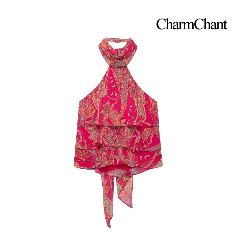 CHARMCHANT 여성용 페이즐리 프린트 홀터넥 러플 - Midi Skirt Floral 리뷰 및 가격