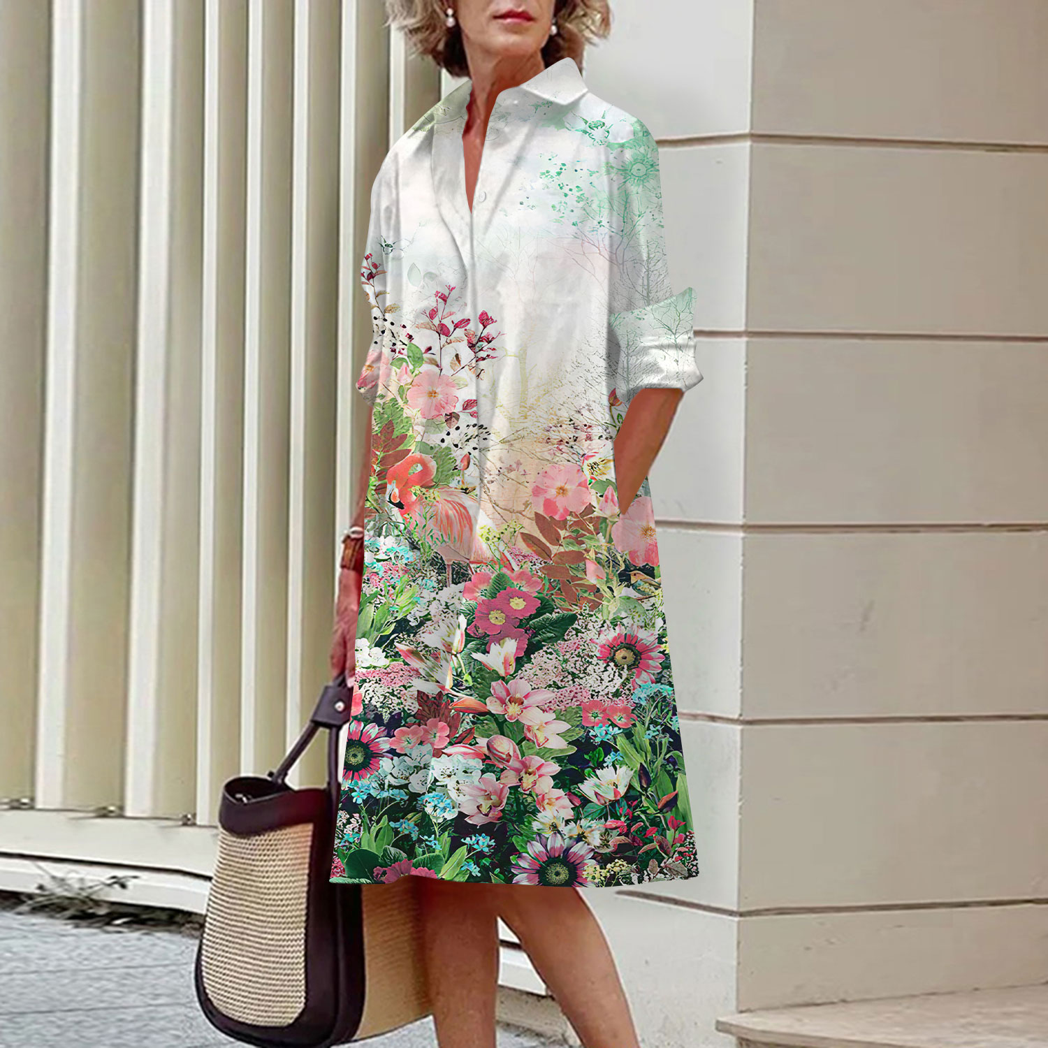 우아한 여성 꽃무늬 셔츠 드레스, 캐주얼 라펠 긴팔 미 - Midi Skirt Floral 리뷰 및 가격