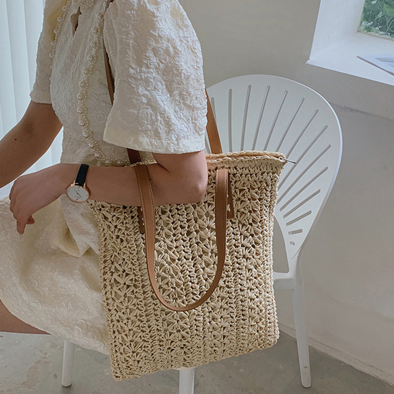 Square Hollow Straw Beach Bag  - Crochet Bag Raffia 리뷰 및 가격