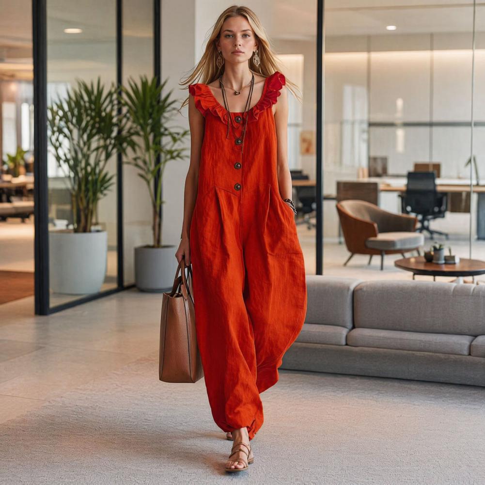 릴렉스 핏 롬퍼 여성용 러플 크루넥 점프수트(포켓 포함 - Jumpsuit Linen Relaxed 리뷰 및 가격