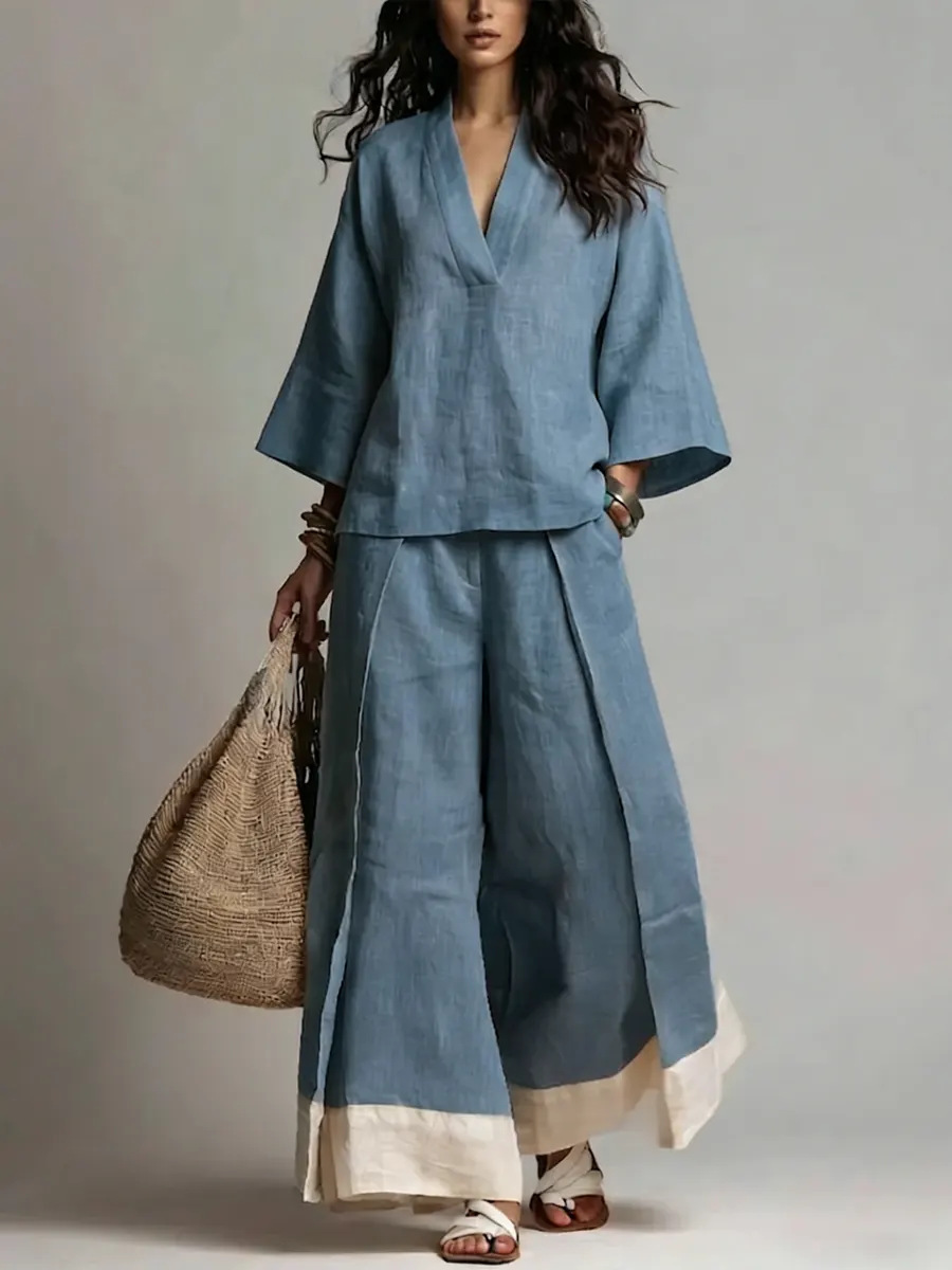 여름 여성 V넥 코튼 린넨 세트 프렌치 엘레강스 캐주얼 - Linen Pant Wide 리뷰 및 가격