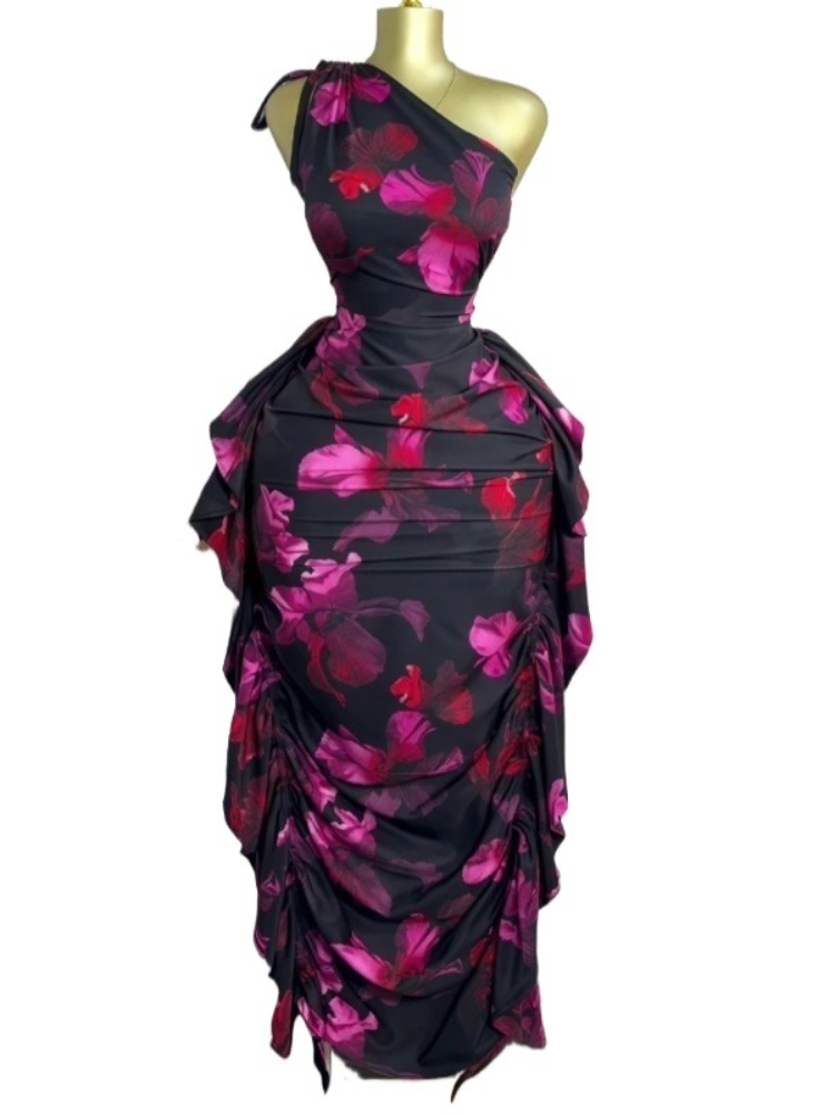 여성 플로럴 프린트 원숄더 슬리브리스 스택드 루슈 바디 - Midi Skirt Floral 리뷰 및 가격