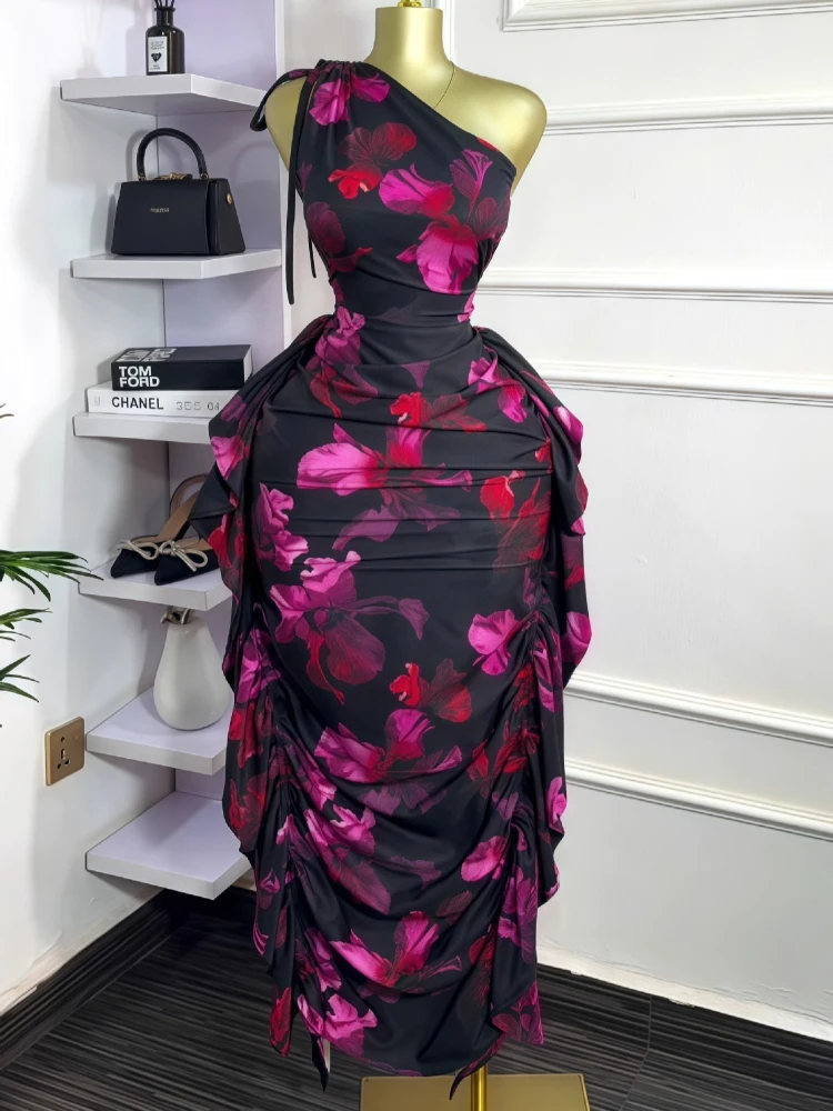 여성 플로럴 프린트 원숄더 슬리브리스 스택드 루슈 바디 - Midi Skirt Floral 리뷰 및 가격
