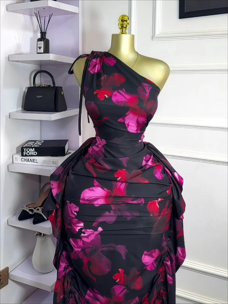 여성 플로럴 프린트 원숄더 슬리브리스 스택드 루슈 바디 - Midi Skirt Floral 리뷰 및 가격