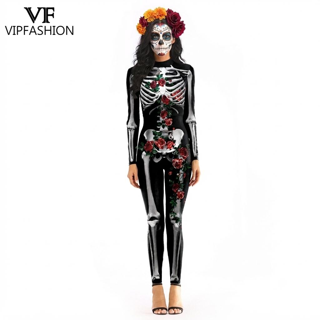 VIP 패션 여성 할로윈 죽은 자의 날 의상 골드 스켈 - Romper Floral Print 리뷰 및 가격