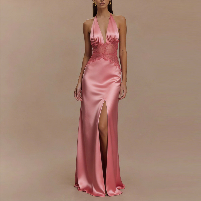 섹시한 백리스 홀터 맥시 드레스 핑크 새틴 레이스 하이 - Maxi Dress Halter 리뷰 및 가격