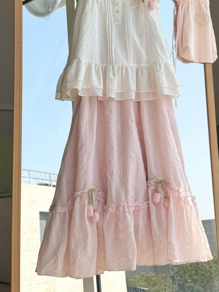 Sweet Kawaii Ruffle Trim 튤립 장식 - Midi Skirt Floral 리뷰 및 가격