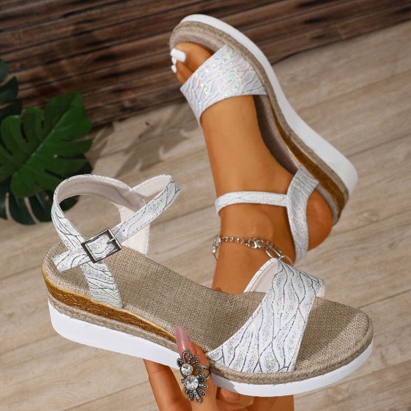 여성용 웨지 샌들 화이트 플랫폼 힐 발목 스트랩 쉬머  - Wedge Espadrille Women 리뷰 및 가격